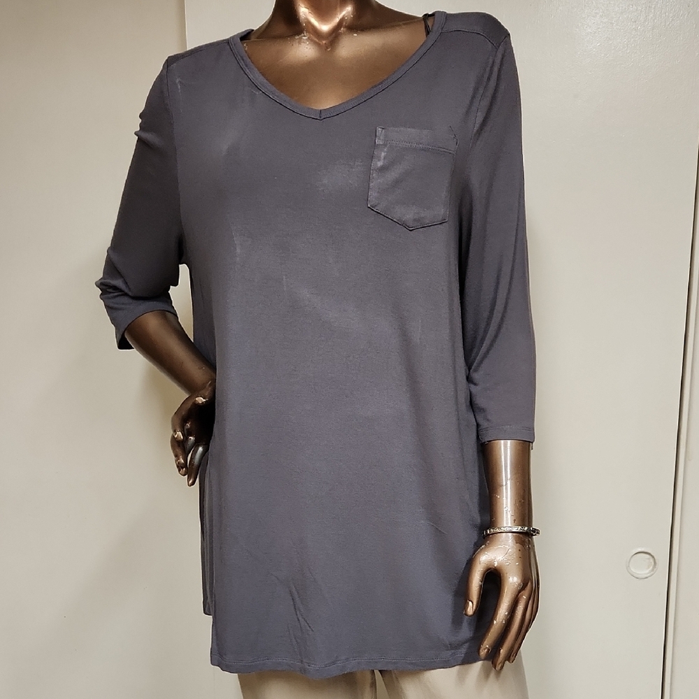 Gray V-Neck Top with Pocket